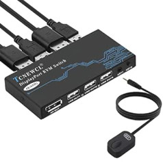 TCNEWCL DP KVM slēdzis 2 portu, 4K 60 Hz DisplayPort KVM slēdzis 2 datoriem 1 monitors + 3 USB2.0 ierīces, DP 1.2 slēdzis klēpjdatoram, personālajam datoram, Xbox HDTV, ar 2 DP kabeli un 2 USB kabeli