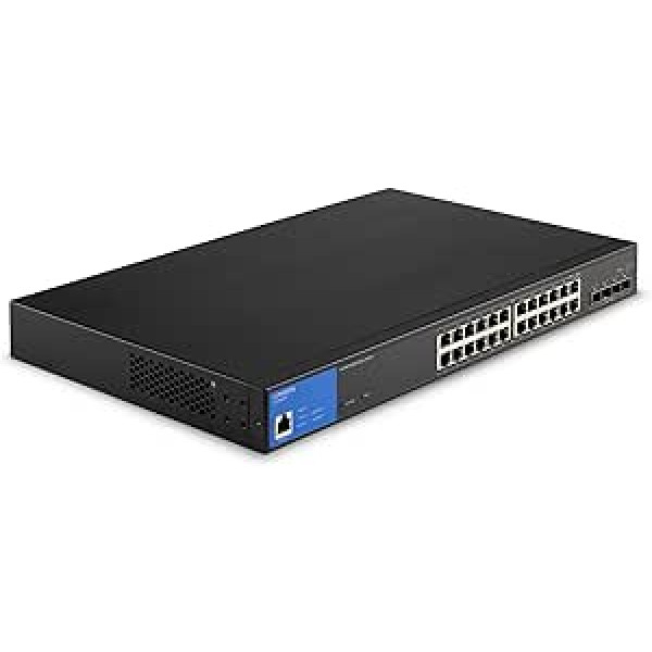 Linksys LGS328MPC-EU 24 prievadų Gigabit tinklo PoE+ jungiklis, 410 W, 4 10G Uplink SFP+ lizdai – išmanusis valdomas Ethernet jungiklio šakotuvas su metaliniu korpusu, stalinis arba sieninis laikiklis