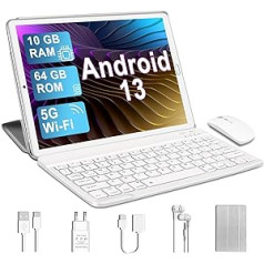 YESTEL planšetdators 10 collu Android 13 ar 5G Wi-Fi, 10 GB RAM + 64 GB ROM (paplašināms 1 TB), GPS, 5 MP + 8 MP, 8 kodolu centrālais procesors, Bluetooth 5.0, USB-C planšetdators ar tastatūru + peli + korpuss, sudraba krāsa