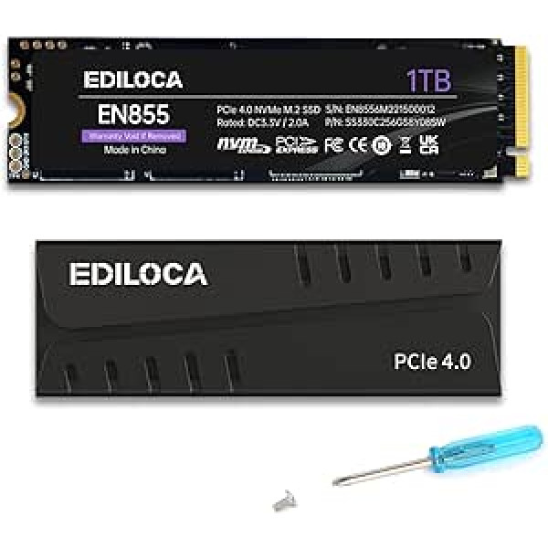 Ediloca EN855 iekšējais spēļu SSD ar dzesētāju, 1 TB PCIe Gen4, NVMe M.2 2280, līdz 7400 MB/s, 3D NAND TLC, iekšējais cietvielu disks, 1 GB DRAM kešatmiņas konfigurācija, saderīgs ar PS5 un datoru