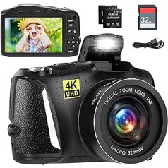 Digitālā kamera Full HD 4K videokamera 48MP kompakta kamera 16x digitālā tālummaiņa un 3,2 collu ekrāna videologošanas kamera fotografēšanas iesācējiem (ieskaitot 32G SD karti un 2 baterijas)