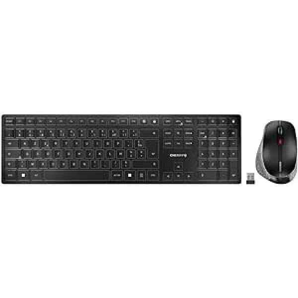 CHERRY DW 9500 plonas belaidės klaviatūros ir pelės rinkinys, prancūziškas išdėstymas (AZERTY), Bluetooth arba belaidis ryšys, plokščias dizainas, įkraunama, ergonomiška dešiniarankė pelė, juodai pilka