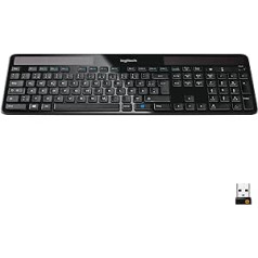 Logitech K750 bezvadu tastatūra, darbināma ar saules enerģiju, 2,4 GHz savienojums, izmantojot USB Unifying uztvērēju, īpaši mazs un videi draudzīgs, vācu QWERTY izkārtojums — melns