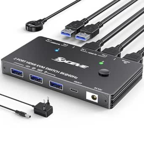 8K USB 3.0 KVM slēdzis HDMI, 8K@60Hz 4K@120Hz 2 PC 1 monitors KVM slēdži, HDMI 2.1, HDR 10, HDCP2.3, 2 PC Share 1 monitors un 3 USB 3.0 ierīces, ar kabeļa tālvadības pulti un 2 USB3. 0 kabeļi