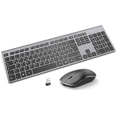 Belaidė klaviatūra su pele, belaidė su įkraunama baterija, J JOYACCESS 2.4G plona su skaitine klaviatūra, Egonomiška tyli, skirta asmeniniam / nešiojamam kompiuteriui – juodai pilka