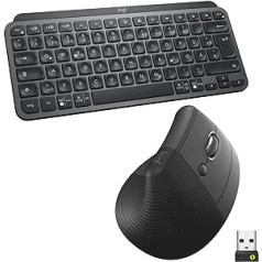 Logitech MX Keys mini tastatūra un paceļama vertikāla ergonomiskā pele — bezvadu, apgaismotas pogas, Bluetooth/Logi Bolt USB uztvērējs, kluss, Windows/macOS/iPadOS, piezīmjdators, dators, QWERTZ DEU — pelēks