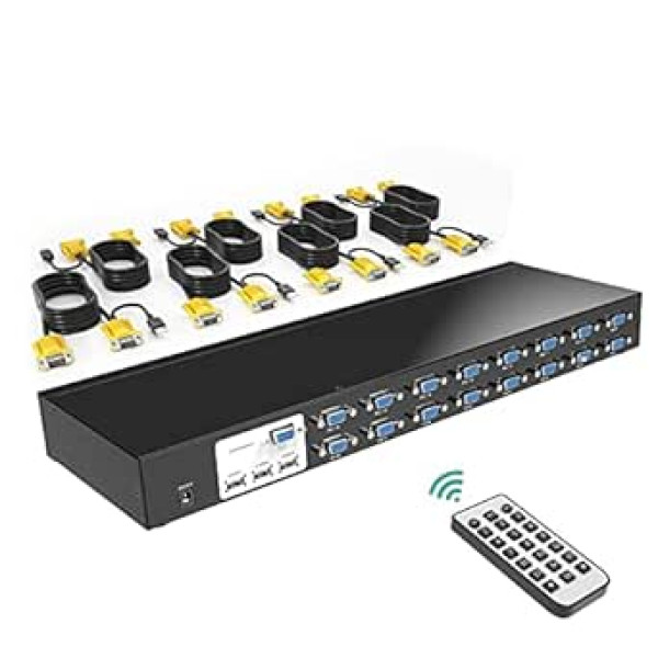 MT-VIKI VGA KVM Switch 16 Port USB VGA KVM Switch 16 Port for 1U Rackmount Includes 16 x KVM Cable IR Remote Control 2 x Rack Mount