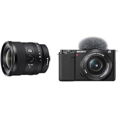 Sony SEL-20F18G pilna formāta e-montāžas objektīvs (FE 20 mm F1.8 un Alpha ZV-E10 | APS-C spoguļattēlu videologu kamera (grozāms ekrāns video emuāru veidošanai)