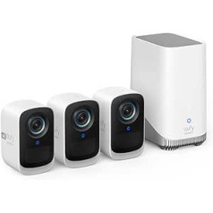 eufy Security eufyCam S300 3C, āra novērošanas kamera, 4K bezvadu savienojums ar sejas noteikšanu un AI, krāsaina nakts redzamība, paplašināma atmiņa līdz 16 TB, komplekts 3+1