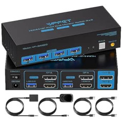 8K @ 60Hz HDMI + Displayport KVM Switch Dual Monitor USB 3.0 KVM Switcher 4K @ 120hz for 2 Computers Share 2 Monitors and 4 USB Ports Support DP 1.4 HDMI 2.1 with Wired Controller, 12V DC Adapter