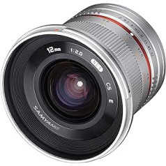 Samyang SY12M-FX-SIL 12 mm F2.0 Ultra-Weitwinkelobjektiv für Fujifilm X-Mount Kameras, silberfarben