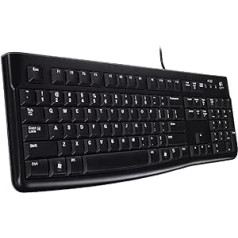 „Logitech K120“ laidinė klaviatūra, skirta „Windows“, USB prievadas, „Silent Touch“, tvirta, apsaugota nuo purslų, reguliuojamas klaviatūros stovas, rusiškas išdėstymas – juoda