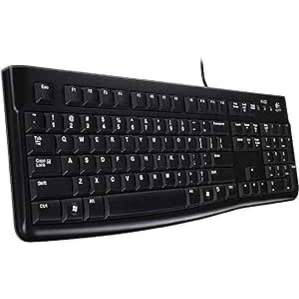 „Logitech K120“ laidinė klaviatūra, skirta „Windows“, USB prievadas, „Silent Touch“, tvirta, apsaugota nuo purslų, reguliuojamas klaviatūros stovas, rusiškas išdėstymas – juoda