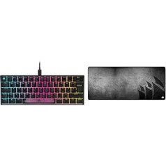 Corsair K65 RGB MINI 60% mehāniskā spēļu tastatūra, QWERTZ, melns un MM350 PRO šļakatu izturīgs Premium Fabric spēļu peles paliktnis (virsma 93 × 40 cm, mikrošķiedras audums) pagarināts XL, melns/pelēks