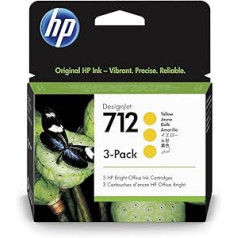 HP 712 3 iepakojumu dzeltena 29 ml oriģinālā printera tintes kasetne (3ED79A) ar oriģinālo HP tinti DesignJet T650, T630, T250, T230 un Studio sērijas lielformāta printeriem un HP 713 DesignJet drukas galviņai