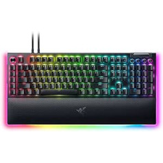 Razer BlackWidow V4 Pro (zaļš slēdzis) — mehāniskā spēļu tastatūra (mehāniski noklikšķināšanas slēdži, komandritenis un 8 īpašie makrotaustiņi, daudzfunkcionāls rullītis, plaukstas balsts) Apvienotās Karalistes izkārtojums