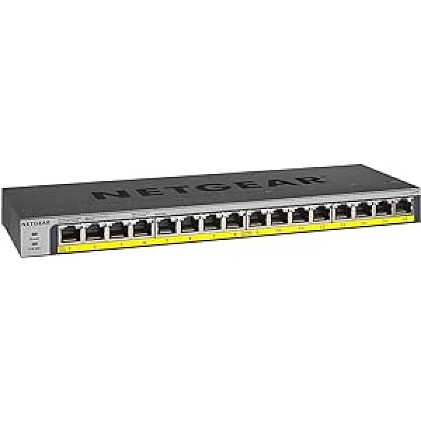 NETGEAR GS116PP-100EUS 16 prievadų LAN Gigabit Ethernet jungiklis (PoE Plus 183W, nevaldomas „Plug-and-Play“, be ventiliatoriaus) Juoda