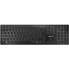 CHERRY KW 9100 plāna bezvadu dizaina tastatūra, spāņu izkārtojums (QWERTY), papildu Bluetooth® vai bezvadu savienojums, plakani taustiņi, uzlādējama, melna/sudraba