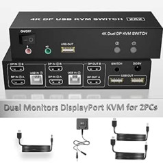 DisplayPort KVM slēdzis Dual Monitor 4K @ 60Hz paplašināts displejs, 2 datori 2 monitori Displayport slēdzis ar audio mikrofonu un 3 USB, 2 in 2 Out tastatūra pele Displayport 1.2 KVM slēdzis