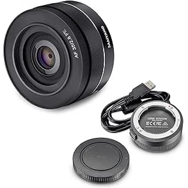 Samyang AF 35 mm F2.8 FE + objektīva stacija Sony E-Mount pilna formāta un APS-C I Pancake platleņķa objektīvam ar ātrā automātiskā fokusa I fiksēto fokusa attālumu priekš Sony E Mount Alpha A7C, A7 III, A6100 utt.