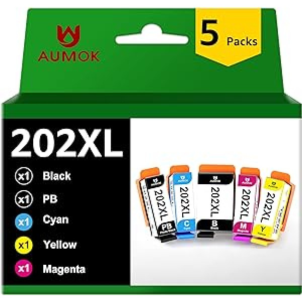 AUMOK 202XL printeru kasetnes, kas saderīgas ar Epson 202 XL Expression Premium XP-6000 XP-6001 XP-6005 XP-6100 XP-6105 nomaiņu (1 melns, 1 melns fotoattēls, 1 ciāna, 1 fuksīna, 1 dzeltena, 5 pak.)