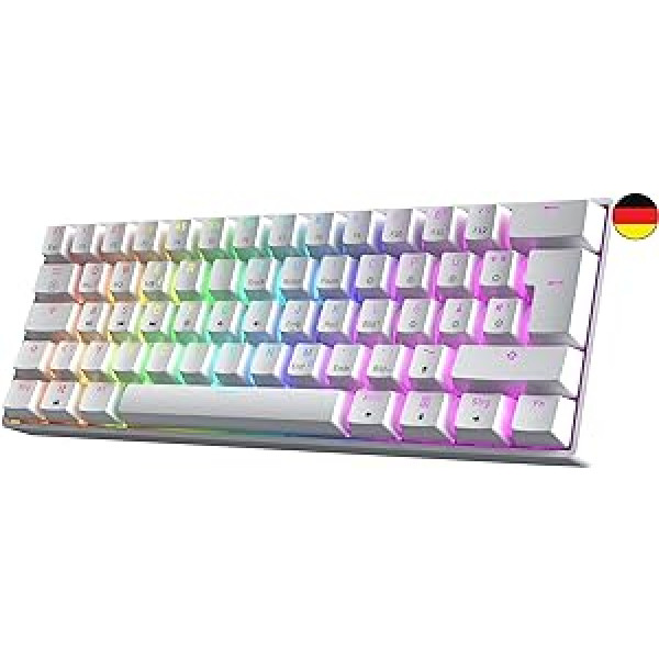 GK61 karstās maiņas mehāniskā spēļu tastatūra — 62 taustiņu daudzkrāsains RGB LED fona apgaismojums PC/Mac atskaņotājiem — ISO vācu izkārtojums (Gateron optiskais melns, balts)