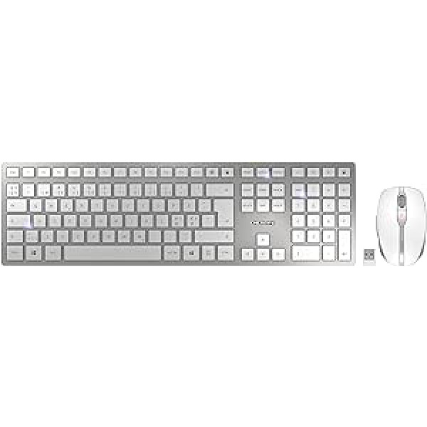 CHERRY DW 9100 SLIM bezvadu tastatūras un peles komplekts, Ziemeļvalstu izkārtojums (QWERTY), izvēles Bluetooth vai bezvadu savienojums, klusi taustiņi, uzlādējams, balts/sudrabs