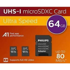 Philips SDXC karte 2 pakotnēs 64 GB + SD adapteris UHS-I U1 Lasa līdz 80 MB/s A1 Fast App Performance V10 viedtālruņiem, planšetdatoram, karšu lasītājam 2 x 64 GB