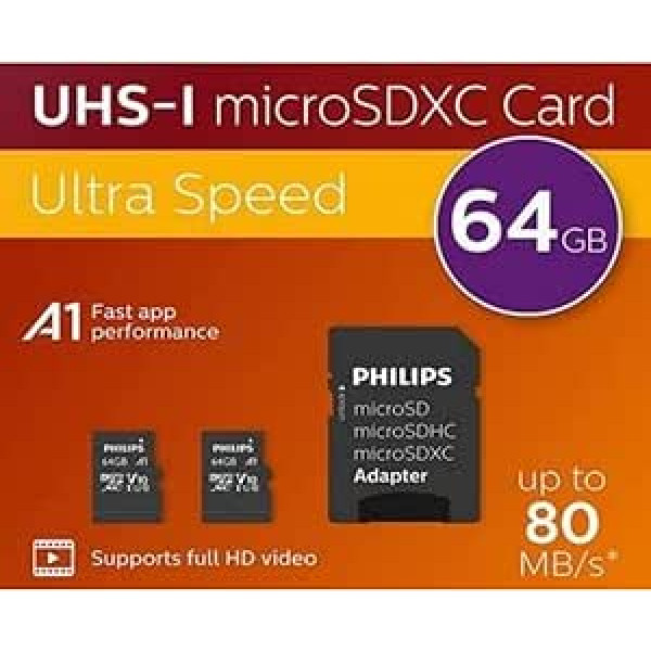 Philips SDXC Card 2-Pack 64GB + SD Adapter UHS-I U1 Reads Up to 80MB/s A1 Fast App Performance V10 for Smartphones, Tablet PC, Card Reader 2 x 64GB