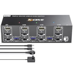 USB 3.0 KVM Switch 3 PC 3 Monitors, Triple Monitors KVM Switch 2 Displayport + HDMI, 8K @ 60Hz KVM Switch 4K @ 144Hz, KVM Switch Displayport 1.4 + HDMI 2.1 for 3 PC Share Mouse, Keyboard and 3