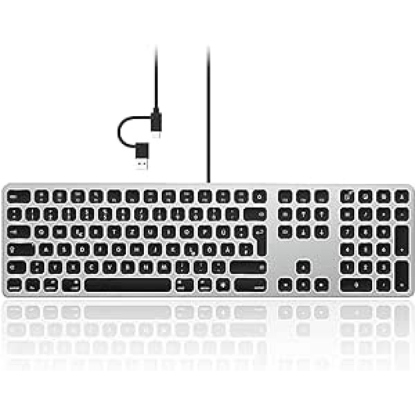 seenda vadu apgaismota Mac tastatūra, Mac tastatūra ar kabeli (USB un C tips) un apgaismojumu operētājsistēmai Mac OS/iOS, Apple iMac, MacBook Pro/Air, Mini, vadu tastatūra, DE izkārtojums, melns un pelēks