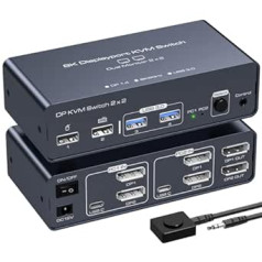 VEDINDUST DisplayPort KVM Switch Dual Monitor 8K60HZ 4K120HZ Alumīnija DP 1.4 KVM Switch 2 PC 2 Monitors Kopīgojiet 4 USB ierīces ar 2 USB3.0 uz USB-C kabeļiem un galddatora kontrolieri.