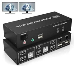 KVM Switch 2 monitori Displayport 4K @ 60Hz paplašinātais displejs, Displayport Switch 2 PC 2 monitors ar audio mikrofona izvadi un 3 USB porti, tastatūras peles datora monitora slēdzis 2 datori 2 monitori