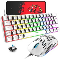 T60 Mini 60% mehāniskās tastatūras peles komplekti, kompakti 62 taustiņi, C tipa vadu, 19 fona apgaismojuma spēļu tastatūra + 6400 DPI RGB pele + peles paliktnis, Lielbritānijas izkārtojums personālajam datoram, klēpjdators, balts/zils slēdzis