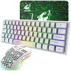 Mini RGB 60 % žaidimų klaviatūros pelės rinkinys, QWERTY laidinė nešiojama mini klaviatūra su 62 klavišais, 7 RGB LED foninis apšvietimas + 2400 DPI itin lengva žaidimų pelė + pelės kilimėlis kompiuteriniam žaidėjui