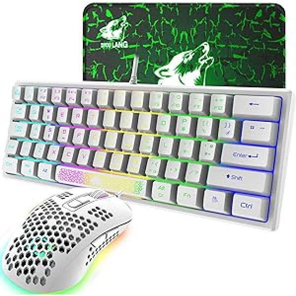 Mini RGB 60% spēļu tastatūras peles komplekts, QWERTY vadu pārnēsājama mini tastatūra ar 62 taustiņiem, 7 RGB LED fona apgaismojums + 2400 DPI īpaši viegla spēļu pele + peles paklājiņš datora spēlētājam