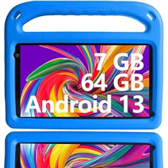 GOODTEL 2024 bērnu planšetdators Android 13 7 collas, 7 GB RAM + 64 GB ROM, WiFi, Bluetooth, GPS, izglītība un spēles, Google Play veikals, dubultā kamera, bērnu slēdzene, microSD slots, ar Eva futrāli — zils