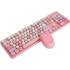 Annadue 2.4G bezvadu tastatūras peles komplekts, krāsainas jauktu krāsu tastatūras peles kombinācijas, ar 104 taustiņiem, FN + multivides poga, retro rakstāmmašīnas stils (rozā)