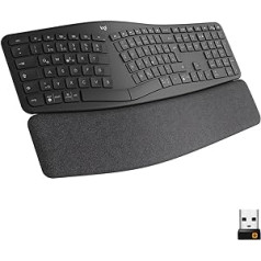 Logitech ERGO K860 — bezvadu ergonomiska tastatūra ar sadalītām pogām, plaukstas apavi un dabiska pieskāriena atbalsts — Windows/Mac, Bluetooth, USB uztvērējs, QWERTZ izkārtojuma grafīts