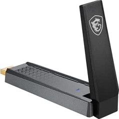 MSI AX1800 WiFi 6 divjoslu USB adapteris — WLAN līdz 1800 Mb/s (5 GHz, 2,4 GHz bezvadu), USB 3.2 Gen 1 Type-A, MU-MIMO, regulējama antena, staru kūļa veidošana, WPA3 — iekļauts vadu kronšteins