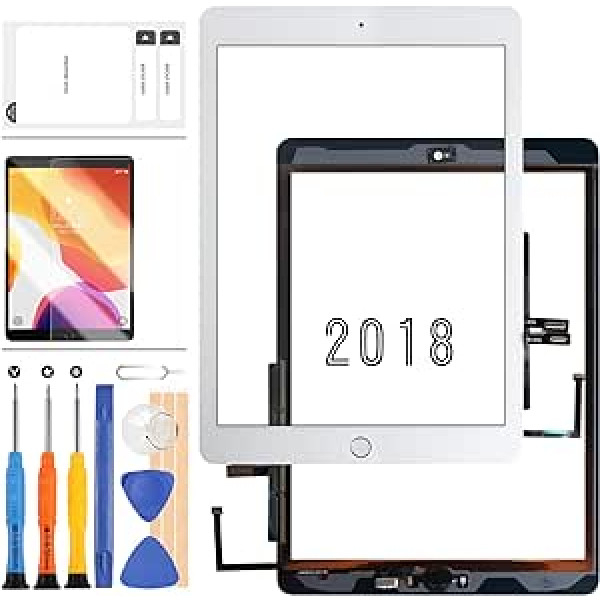 Digitalizators saderīgs ar iPad 9,7 collu 2018/iPad 6 6th Gen A1893 A1954 skārienekrāna rezerves daļas, (bez LCD) sensora stikla panelis ar ekrāna aizsargplēvi un rīkiem (balts ar pogu)