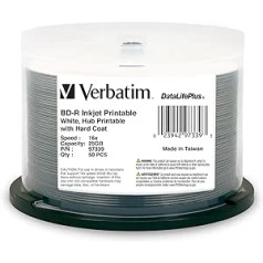 Verbatim 25 GB 6 x Blu-ray viena slāņa ierakstāmais disks BD-R, 10 Scheiben Spindel 97238 – weiß 50pk Spindle