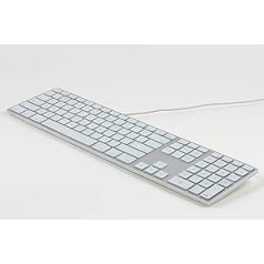 Matias FK318LS-DE alumīnija vadu tastatūra ar RGB fona apgaismojumu USB tastatūra Apple Mac OS QWERTZ vācu valodai ar plakaniem taustiņiem un papildu ciparu tastatūru sudraba/balta