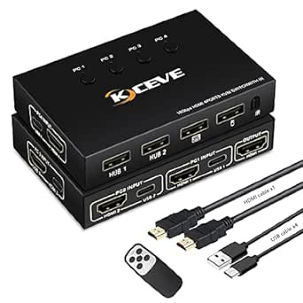 HDMI KVM slēdzis 4K @ 60Hz, 4 ieejas 1 izvades datora peles un tastatūras slēdzis klēpjdatoram, personālajam datoram, PS4, Xbox HDTV, ar tālvadības pulti (2 x AAA baterijas nav iekļautas)