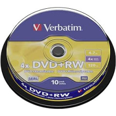 Verbatim DVD-RW 4x4,7 GB, 10 er Pack Spindel, DVD Rohlinge beschreibbar, 4 fache Brenngeschwindigkeit & Hardcoat Scratch Guard, DVD leer, Rohlinge DVD Wiederbeschreibbar, DVD atkārtoti ierakstāms