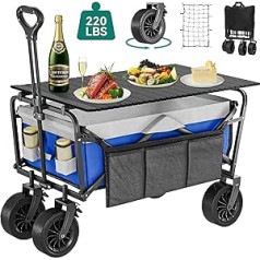 YITAHOME Bollerwagen ar Großen Universalrädern, Faltbarer Handwagen ar Tisch, 2 Getränkehaltern, Hohe Tragfähigkeit 220 lbs Verstellbare Griffhöhe, Bollerwagen für Outdoor Garten Picknicks (Blau)