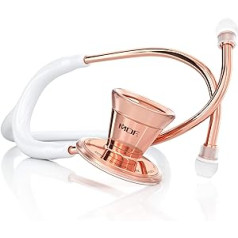 MDF klasikinis kardiologinis dviejų galvučių stetoskopas su nerūdijančio plieno krūtinės apdangalu ir ausinėmis – rožinis auksas/balta