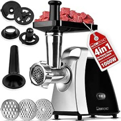 Clatronic® Meat Mincer 1000 W with Attachment for Cookies / Biscuits | Electric Meat Mincer | 3 Metal Perforated Discs | Flow and Return | Includes Sausage Filler | Metal Neck and Snail | FW 3803