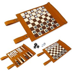 Andux Rollable 3-in-1 šaha bekgemona galda spēle, pārnēsājama mikrošķiedras šaha spēle PGSLQ-01 (brūns)