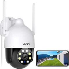 AOSU 2K āra novērošanas kamera, WiFi, 360°/90° grozāma WiFi kamera ārā ar automātisku izsekošanu, prožektoru un sirēnu, kruīzs ar laiku, pilnkrāsu nakts, saderība ar Alexa